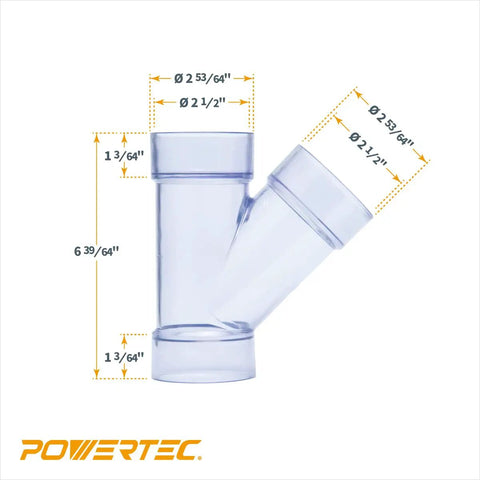 No Sweat Pvc Dust Collection Y Fitting 2 1/2 Inch Id Connects 2 1/2 Inch Od Pipe Fast With Built In Coupler Splice Smooth 3 Way Hose Adapter Rock Solid 2 Pack dimensions labeled on clear PVC Y fitting.