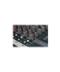 Close-up of ZED-10 Compact Touring Quality USB Audio Mixer with two mic line preamps, knobs, and black and red design.