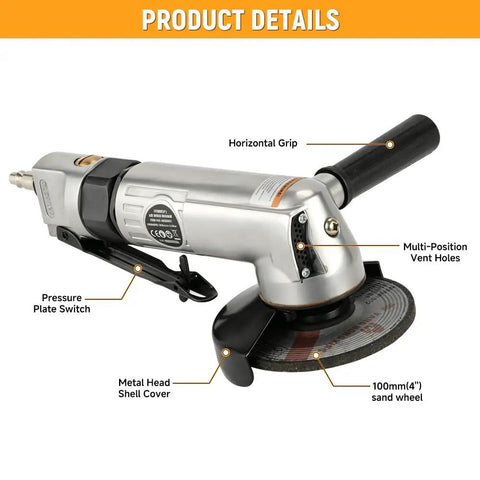 Badass 4 Inch Air Angle Grinder With Front Exhaust 10000 Rpm Pneumatic Metal Cutting And Grinding Tool showing metal shell and vent features.