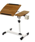 Slick Rolling Laptop Desk With Totally Adjustable Height And Easy Tilt Panel, wooden top, white base, rolling cart for over bed use.