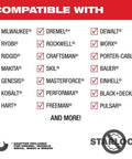 Compatibility chart for Professional Grade Oscillating Multi Tool Blades One Three Eighths Inches Carbide Tipped Cutting Edges Five Pack.