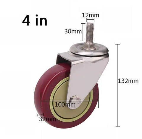 Tough As Nails Heavy Duty Swivel Castor Wheels 100mm Polyurethane Caster Roller Kit, 100mm wheel, M12 stem, steel bracket