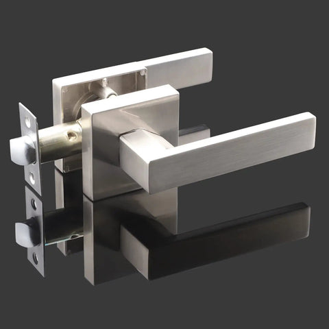 Six Pack Keyless Passage Lever Door Handle Set For Hallways And Closets Heavy Duty Reversible Right Or Left Handed Doors Satin Nickel Finish Easy Install For Home Or Office shown in close-up on black background