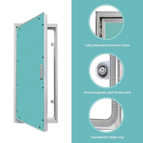 Heavy Duty Rectangular Drywall Access Panel With Paintable Concealed Aluminum Flush Cover And Clean Recessed Handle For Hassle Free Wall Or Ceiling Plumbing Maintenance Mods with embossed aluminum frame and magnetic lock.