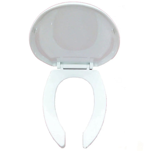 White Elongated Open Front Toilet Seat With Lid Smooth Slow Close Hinge featuring quick release setup, top view, 17.7x14.37 inches