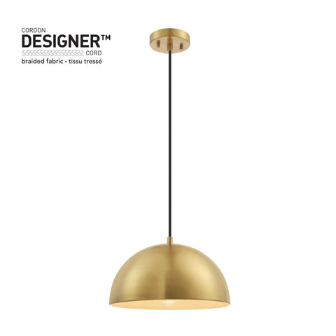 Hazel 1-Light Pendant Light In Matte Brass With Black Fabric Cord, Retro Dome Shade, Vintage Modern Farmhouse Ceiling Fixture
