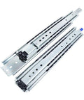 Heavy Duty Soft Close Drawer Slides With Secure Lock Ball Bearing Telescoping Runners for Cabinets and Toolboxes, showing metal structure.