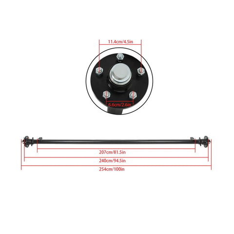 Rock Solid 3500 Pound Trailer Axle With 5x4.5 Bolt Pattern And 9.5 Inch Hub Face showing dimensions and hub details.