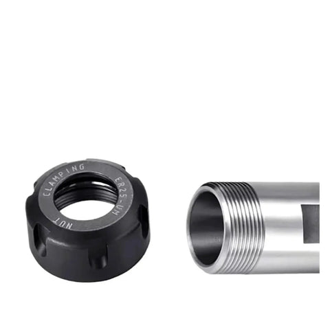 Top Shelf Spindle Motor Extension Rod For Cnc Milling And Lathe Zero Flex Shaft Coupler showing black clamping nut and silver shaft.