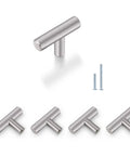 Set of 5 brushed nickel T-bar cabinet knobs with screws, showcasing 2-inch length and durable hollow body for modern kitchen cabinets.