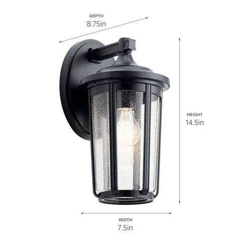 Olde Bronze 14.5 Inch Outdoor Wall Light Lantern, shown mounted with clear seeded glass and 8.75 inch depth dimensions displayed.
