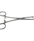 Side view of pair of stainless steel Allis tissue clamp forceps, 6-inch, 4x5 teeth, economy grade