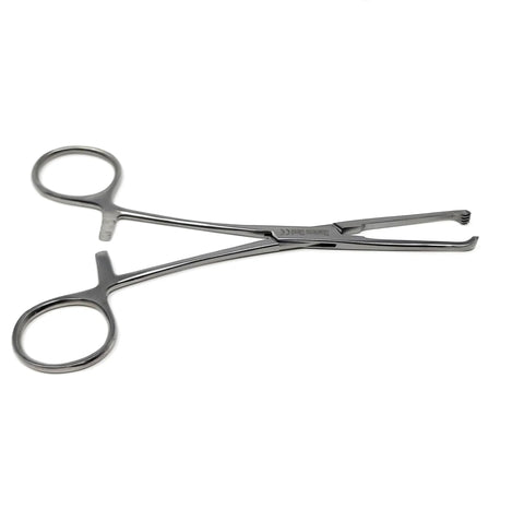 Side view of pair of stainless steel Allis tissue clamp forceps, 6-inch, 4x5 teeth, economy grade