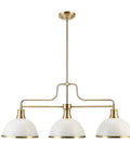 Three Light Linear Chandelier In Matte White With Brass Accents, Adjustable Hanging Height, Sloped Or Vaulted Ceiling Compatible