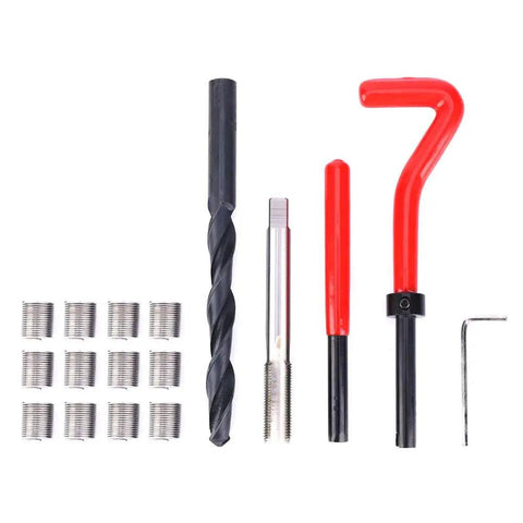 Components of 17 Piece Heavy Duty Stainless Steel Thread Repair Kit With Twisted Drill, Tap Wrench And Threaded Inserts For M10x1 Threads