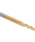 Tungsten carbide end mill with gold coating and silver shank, 3-flute cutter, angled view