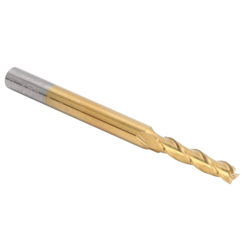 Tungsten carbide end mill with gold coating and silver shank, 3-flute cutter, angled view