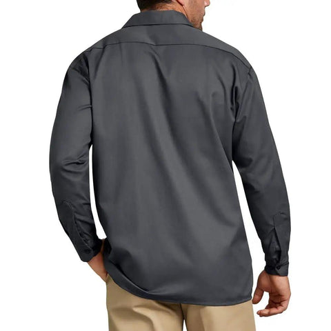 Men's Long Sleeve Work Shirt Charcoal Relaxed Fit Button Front With Twin Chest Pockets Built Like A Tank Cotton Poly Blend Wrinkle Resistant Finish For The Daily Grind, back view.