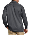Men's Long Sleeve Work Shirt Charcoal Relaxed Fit Durable Cotton Poly Blend showing back view with a smooth finish.