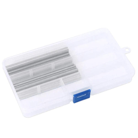 18-piece stainless steel round lathe rod set, 2.5–8 mm dia, 100 mm long, in plastic storage box with blue latch