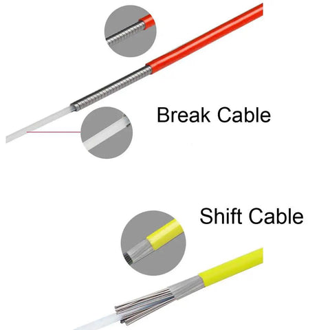 All In One Bike Cable Kit For Mountain And Road Bikes With Brake And Derailleur Housings Routing Damping Foam Sleeve End Caps Crimps Clips And Cable Guide For Clean Install In Ten Color Choices MTB showing red brake cable and yellow shift cable design