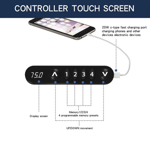 Controller touch screen for Rock Solid Electric Standing Desk with dual motor lift system, showing height settings and USB-C charging.