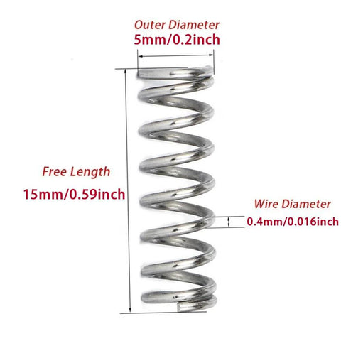 304 stainless steel compression spring with outer diameter 5mm, wire diameter 0.4mm, length 15mm.