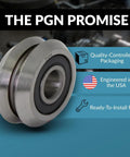 Close-up of Four Pack RM2-2RS Three Eighths Inch Rubber Sealed V Groove Roller Ball Bearing, chrome steel with PGN branding.