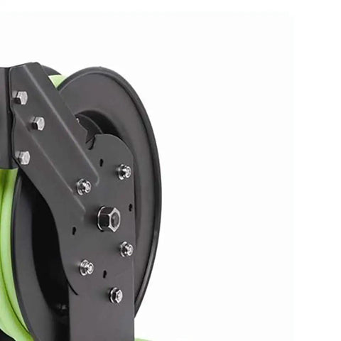 Open Face Retractable Air Hose Reel Three Eighths Inch By Twenty Five Foot Pro Grade Heavy Duty Lightweight Hybrid ZillaGreen side view