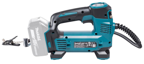 Cordless 18V Li Ion Inflator With Digital Backlit Gauge For Quick On The Go Inflation Auto Stop LED Work Light Auto Off Built In Valve Adapter Storage And Memory Function Batteries And Charger Not Included side view