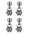 Four Pack Built Tough 304 Stainless Steel Gate Rollers With Spring Loaded Universal Groove Casters For A Smooth Operator Sliding Gate Track Setup Heavy Duty Wheels That Handle Business, side view showing four robust casters.