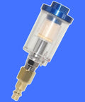 Heavy Duty Inline Air Water Separator For Spray Guns And Pneumatic Tools, Blocks Moisture And Particles Cold, Quarter Inch Npt Fitting, Keeps Your Compressor Setup Squeaky Clean, 90 Psi, 4 Pack - Clear body with blue top and brass fitting.