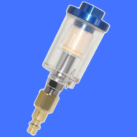 Heavy Duty Inline Air Water Separator For Spray Guns And Pneumatic Tools, Blocks Moisture And Particles Cold, Quarter Inch Npt Fitting, Keeps Your Compressor Setup Squeaky Clean, 90 Psi, 4 Pack - Clear body with blue top and brass fitting.