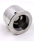 Front view of aluminum waterjet end cap for intensifier pump with large threaded bore and mounting holes.