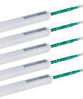 Front view: five fiber optic cleaner pens with green handles and white caps for 2.5mm SC/FC/ST ferrules.