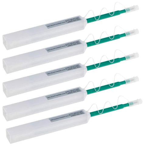Front view: five fiber optic cleaner pens with green handles and white caps for 2.5mm SC/FC/ST ferrules.