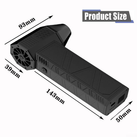 Upgraded Turbocharged Brushless Turbine Fan With Mini Turbo Design, showing dimensions of 93mm x 143mm x 50mm