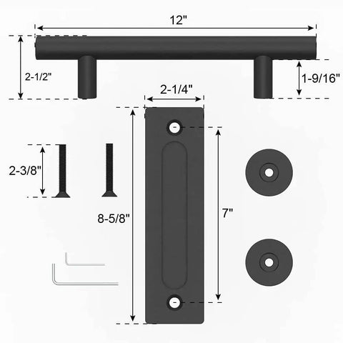 Diagram of Two Pack 12 Inch Sliding Barn Door Handles Matte Black Hardware With Flush Finger Pull, Double Sided Design, and components.