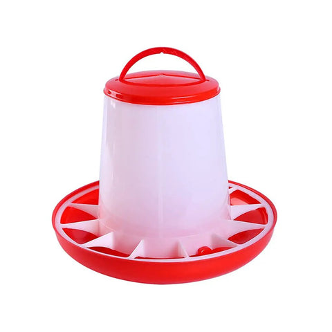 Heavy Duty Plastic Hanging Chicken Feeder For Coop No Nonsense Design Quick Assembly Automatic Poultry Feed Dispenser in red and white.