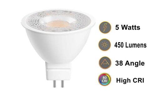 Heavy Duty MR16 LED Bulbs 6 Pack GU53 Bi Pin Base 5 Watt Replaces 50 Watt Halogen 5000K Daylight White 12 Volt Low Voltage Replacement Kit with detailed specs.