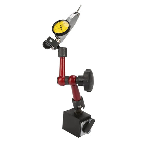 Small Dial Indicator With Magnetic Base And Flexible Stand For Precise Measurements Beefy Pro Grade Lever Dial Test Indicator With Stable Magnetic Mount Easy On Off Movement Shop Ready Durable Heavy Duty Construction For Workshop Use on red stand