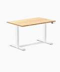 Top Tier Dual Motor Electric Height Adjustable Standing Desk With A Roomy 80 Inch Wide Bamboo Top And Sleek Matte Black Frame For Rock Solid Build And Super Quick Sit To Stand Transitions Daily, angled view.