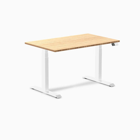 Top Tier Dual Motor Electric Height Adjustable Standing Desk With A Roomy 80 Inch Wide Bamboo Top And Sleek Matte Black Frame For Rock Solid Build And Super Quick Sit To Stand Transitions Daily, angled view.