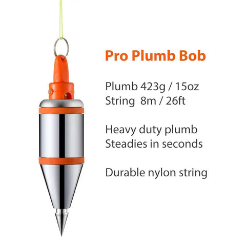 Pro Plumb Bob With Auto Retracting String 8m 26ft Nylon Cord 15oz Weight Heavy Duty Leveling Tool Display