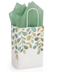 Single Watercolor Greenery Kraft Paper Shopping Bag Rose Size Five And A Quarter By Three And A Half By Eight And A Quarter Inches 250 Pack Eco Friendly Recyclable USA Made With Forty Percent Post Consumer Content with handles and green tissue