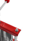 Top view of the 1.6 Gallon No Sweat Manual Press For Fruit Wine And Cheese with stainless steel and red handle.