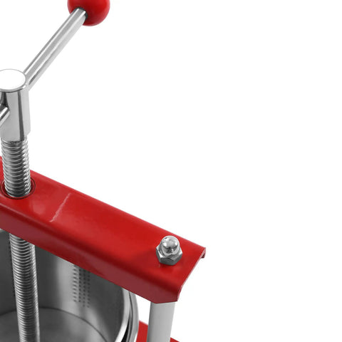 Top view of the 1.6 Gallon No Sweat Manual Press For Fruit Wine And Cheese with stainless steel and red handle.