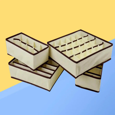 Fine Digs Non Woven Drawer Dividers For Bras And Underwear Plus Four Pack Closet Storage Bins in beige set on a colorful background.