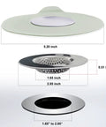 2-Pack Silicone Bathtub Stopper And Drain Filter Set For Hair Catching, showing size dimensions and design details