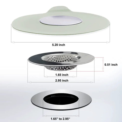 2-Pack Silicone Bathtub Stopper And Drain Filter Set For Hair Catching, showing size dimensions and design details